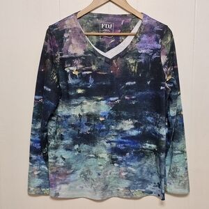 FDJ Abstract Art Print Long Sleeve V-Neck Blouse Blue Purple Larte Modern Casual
